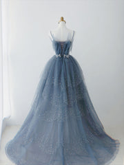 Party Dress Modest, Blue Shiny Tulle Layers Straps Beaded Long Prom Dress, A Line Chic Evening Dress