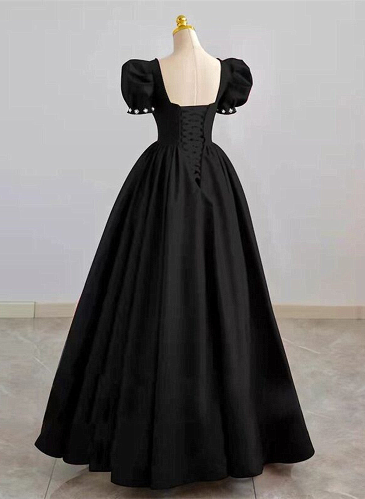 Formal Dress Winter, Black Sweetheart Short Sleeves Beaded Party Dress, A-Line Black Satin Prom Dress