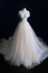 Wedding Dress Under 501, Elegant V Neck Off-shoulder Tulle Pleat Sweep Train Wedding Dresses