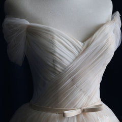 Wedding Dress Boho, Elegant V Neck Off-shoulder Tulle Pleat Sweep Train Wedding Dresses