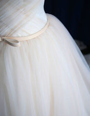 Wedding Dresses Boho, Elegant V Neck Off-shoulder Tulle Pleat Sweep Train Wedding Dresses