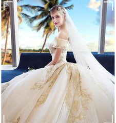 Wedding Dress Elegant, Off The Shoulder Ball Gown Sweetheart Wedding Dress, Long Appliques Bridal Dress