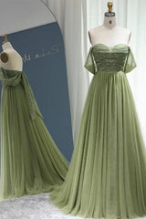 Prom Dresses Casual, Off the Shoulder Beaded Green Tulle Long Prom Dress, Off Shoulder Green Formal Dress, Beaded Green Evening Dress