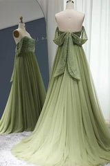 Prom Dress Elegant, Off the Shoulder Beaded Green Tulle Long Prom Dress, Off Shoulder Green Formal Dress, Beaded Green Evening Dress