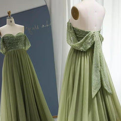 Prom Dresses Styles, Off the Shoulder Beaded Green Tulle Long Prom Dress, Off Shoulder Green Formal Dress, Beaded Green Evening Dress