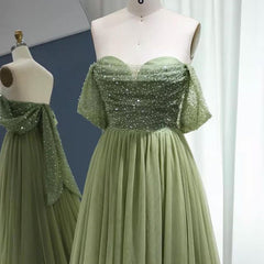 Prom Dresses Elegant, Off the Shoulder Beaded Green Tulle Long Prom Dress, Off Shoulder Green Formal Dress, Beaded Green Evening Dress
