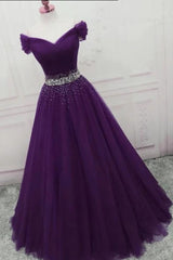 Long Dress Formal, Off the Shoulder Dark Purple Long with Beadings Off Shoulder Purple Prom Dresses