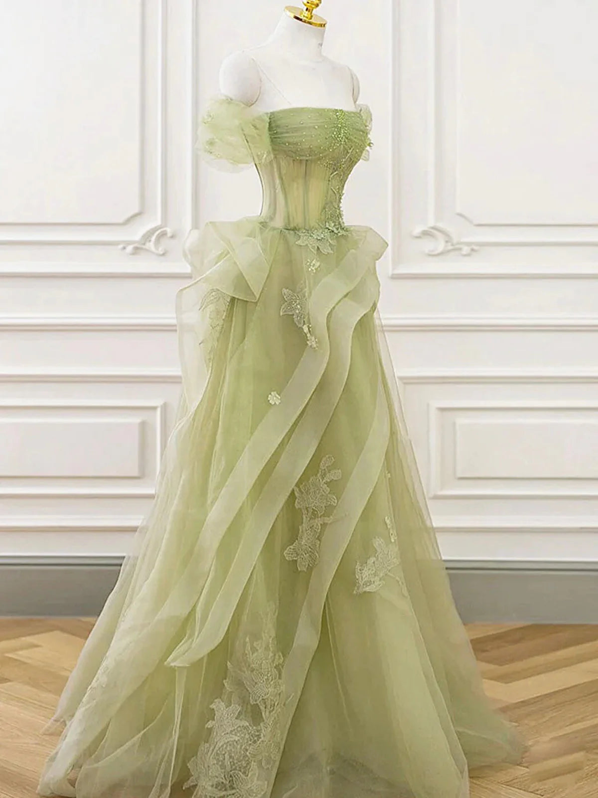 Prom Dresses Under 50, Off the Shoulder Green Tulle Long Beaded Prom Dresses, Off Shoulder Green Tulle Long Formal Evening Dresses