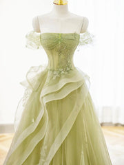 Prom Dresses Classy, Off the Shoulder Green Tulle Long Beaded Prom Dresses, Off Shoulder Green Tulle Long Formal Evening Dresses
