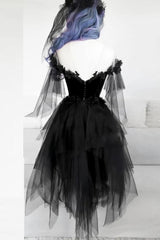 Homecoming Dresses Fashion Outfits, Off Shoulder Lace Applique Black Tulle Short Homecoming Graduation Dresses