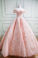 Party Dress On Sale, Gorgeous Pink Off The Shoulder Ball Gown Prom Dresses With Appliques