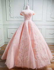 Party Dresses Formal, Gorgeous Pink Off The Shoulder Ball Gown Prom Dresses With Appliques