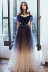 Prom Dress Sites, Blue Spaghetti Straps Long Princess Pretty Prom Dresses For Girls