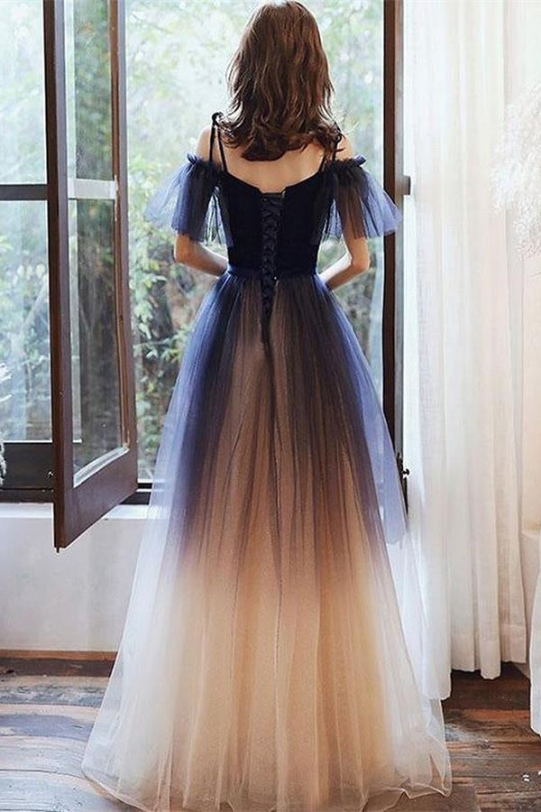 Prom Dresses Affordable, Blue Spaghetti Straps Long Princess Pretty Prom Dresses For Girls