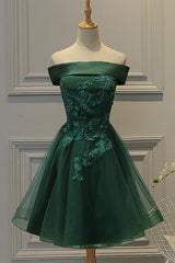 Prom Dresses Outfits Fall Casual, Dark Green Strapless A Line Appliques Tulle Homecoming Dresses