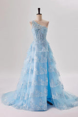 Bridesmaid Dresses Beach, One Shoulder Light Blue Appliques Ruffle Formal Dress