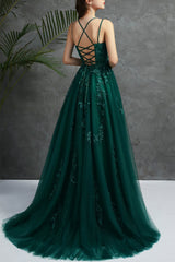 Prom Dress Stores, Open Back Dark Green Tulle Lace Long Evening Dress, Dark Green Lace Formal Dresses