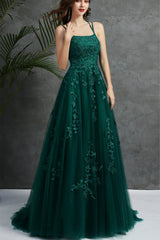 Prom Dresses For Girl, Open Back Dark Green Tulle Lace Long Evening Dress, Dark Green Lace Formal Dresses