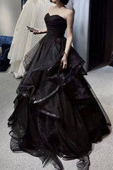 Vintage een lijn strapless mouwloze lange zwarte prom -jurk