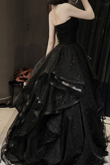 विंटेज एक लाइन स्ट्रैपलेस स्लीवलेस लॉन्ग ब्लैक प्रोम ड्रेस