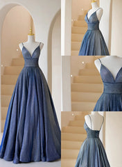 Formal Dresses Shop, Blue V-Neckline Straps Low Back A-Line Prom Dress, Blue Long Evening Dress