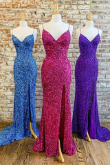 Bridesmaids Dresses Orange, Mermaid Purple Sequin Long Prom Dress with Slit
