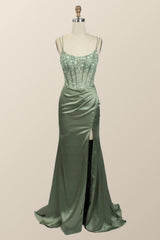 Bridesmaid Dress Chiffon, Sage Green Lace Appliques Mermaid Long Formal Dress