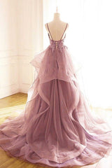 Formal Dress Wear For Ladies, Princess Dark Pink Tulle Long With Lace Ruffle A Line Prom Dresses