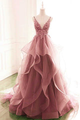 Formal Dresses With Sleeve, Princess Dark Pink Tulle Long With Lace Ruffle A Line Prom Dresses