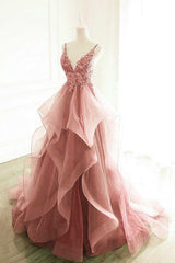 Formal Dress With Sleeves, Princess Dark Pink Tulle Long With Lace Ruffle A Line Prom Dresses