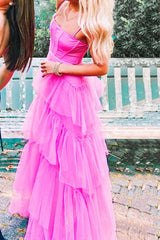 Prom Dresses Aesthetic, Fashion Hot Pink Layered Ruffles Evening Gown A Line Tulle Long Prom Dresses