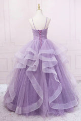 Formal Dresses With Tulle, Princess Lavender Sparkly Spaghetti Straps Long Prom Dress Floor Length Evening Gown