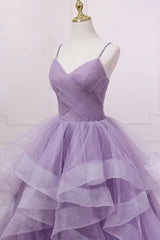 Formal Dress Homecoming, Princess Lavender Sparkly Spaghetti Straps Long Prom Dress Floor Length Evening Gown