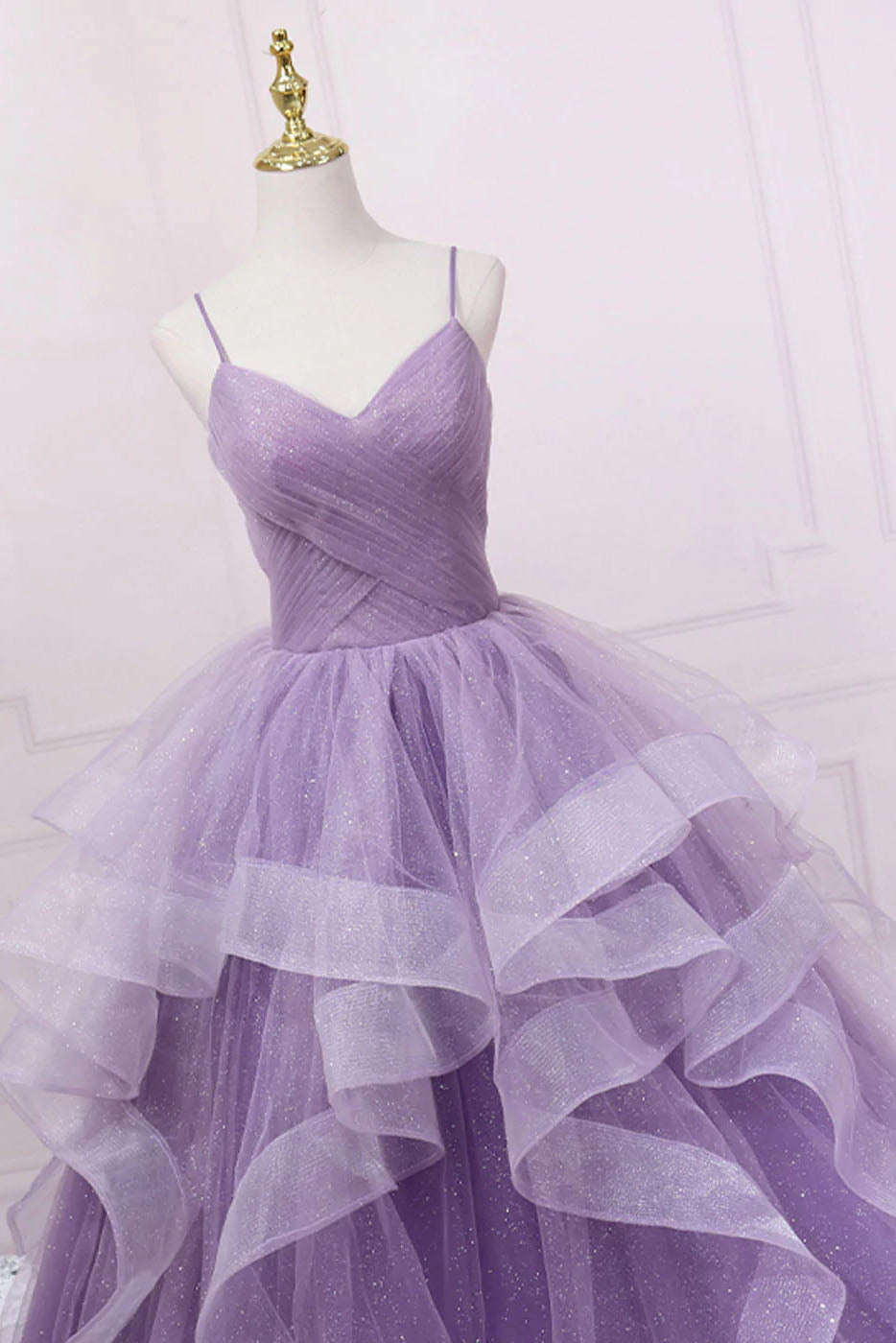 Formal Dresses Homecoming, Princess Lavender Sparkly Spaghetti Straps Long Prom Dress Floor Length Evening Gown