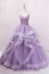 Formal Dresses Size 25, Princess Lavender Sparkly Spaghetti Straps Long Prom Dress Floor Length Evening Gown