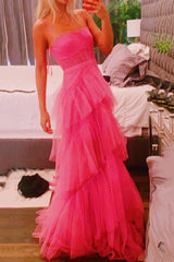 Prom Dress Type, Fashion Hot Pink Layered Ruffles Evening Gown A Line Tulle Long Prom Dresses