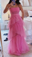 Prom Dress Aesthetic, Fashion Hot Pink Layered Ruffles Evening Gown A Line Tulle Long Prom Dresses