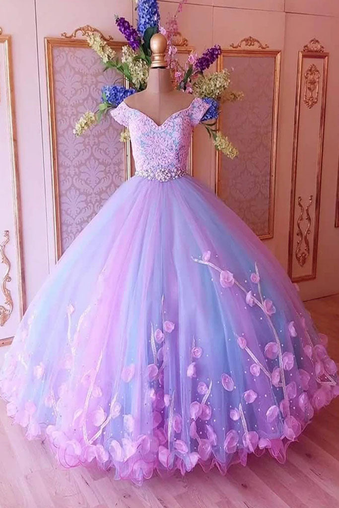 Formal Dress Floral, Princess Pink and Blue Ball Gown Prom Dresses with Flowers, Quinceanera Dresses
