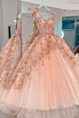 Prom Dresses Shop, Princess Sparkly Sweetheart Prom Dresses with 3d Flowers, Pink Quinceanera Dresses