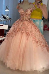 Prom Dresses Store, Princess Sparkly Sweetheart Prom Dresses with 3d Flowers, Pink Quinceanera Dresses