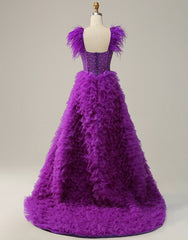 Bridesmaid Dress Vintage, Purple A-Line Ruffle Glitter Long Prom Dress With Split