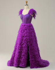 Bridesmaids Dresses Vintage, Purple A-Line Ruffle Glitter Long Prom Dress With Split