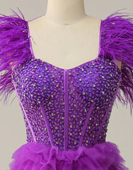 Bridesmaid Dress Winter, Purple A-Line Ruffle Glitter Long Prom Dress With Split