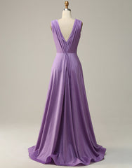 Bridesmaid Dresses Mismatched Spring Wedding Colors, Purple A-Line V-Neck Long Glitter Prom Dress With Pleating