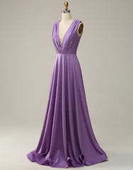 Bridesmaid Dress Long Sleeves, Purple A-Line V-Neck Long Glitter Prom Dress With Pleating