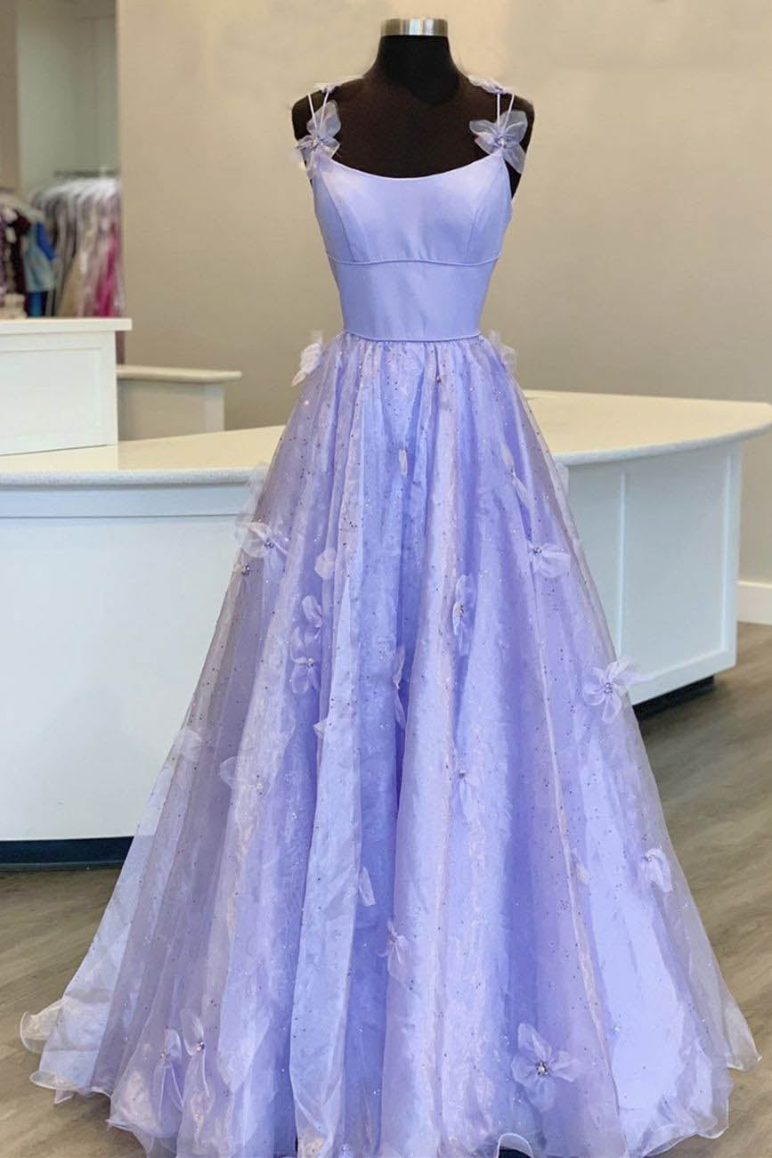Formal Dresses For Weddings Mother Of The Bride, Purple Spaghetti Straps Long A line Prom Gown Handmade Flower Evening Dress