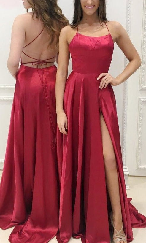 Prom Dress Affordable, Casual Red Simple Spaghetti Straps Backless Sweep Train Backless Prom Dresses With Pockets