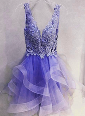 Formal Dresses For Sale, Purple Lace V-Neckline Short Homecoming Dress, Purple Short Prom Dress