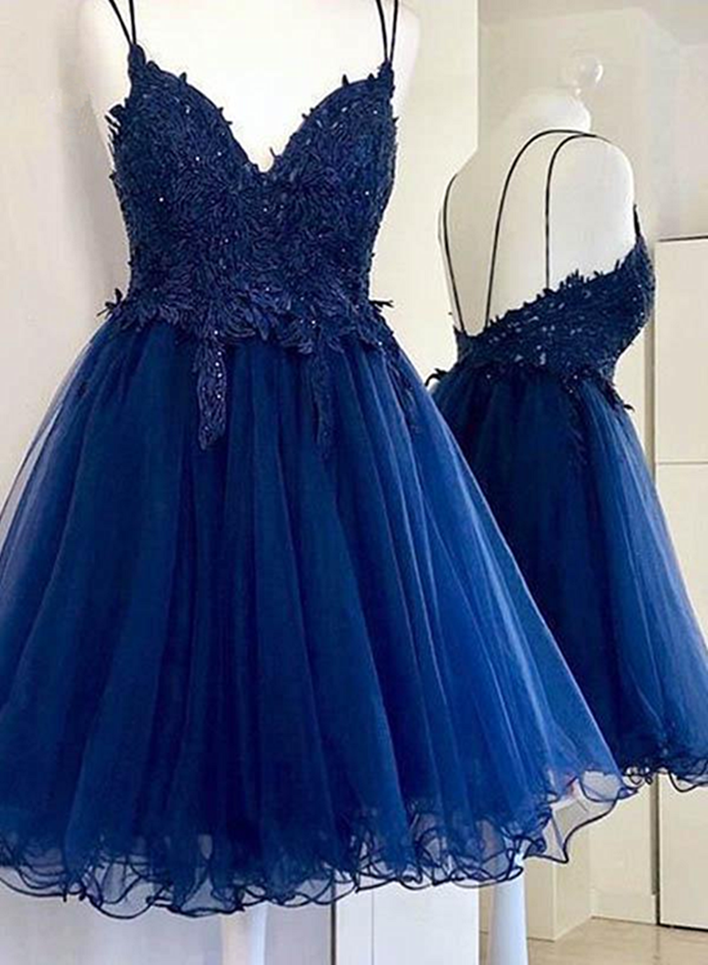 Formal Dresses Gown, Dark Blue V Neck Short Prom Dress With Beads Appliques,Blue Homecoming Dress