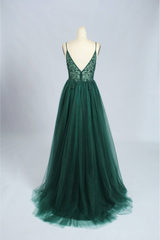 Simple Prom Dress, Emerald Green Tulle Prom Dress Beaded V Neck